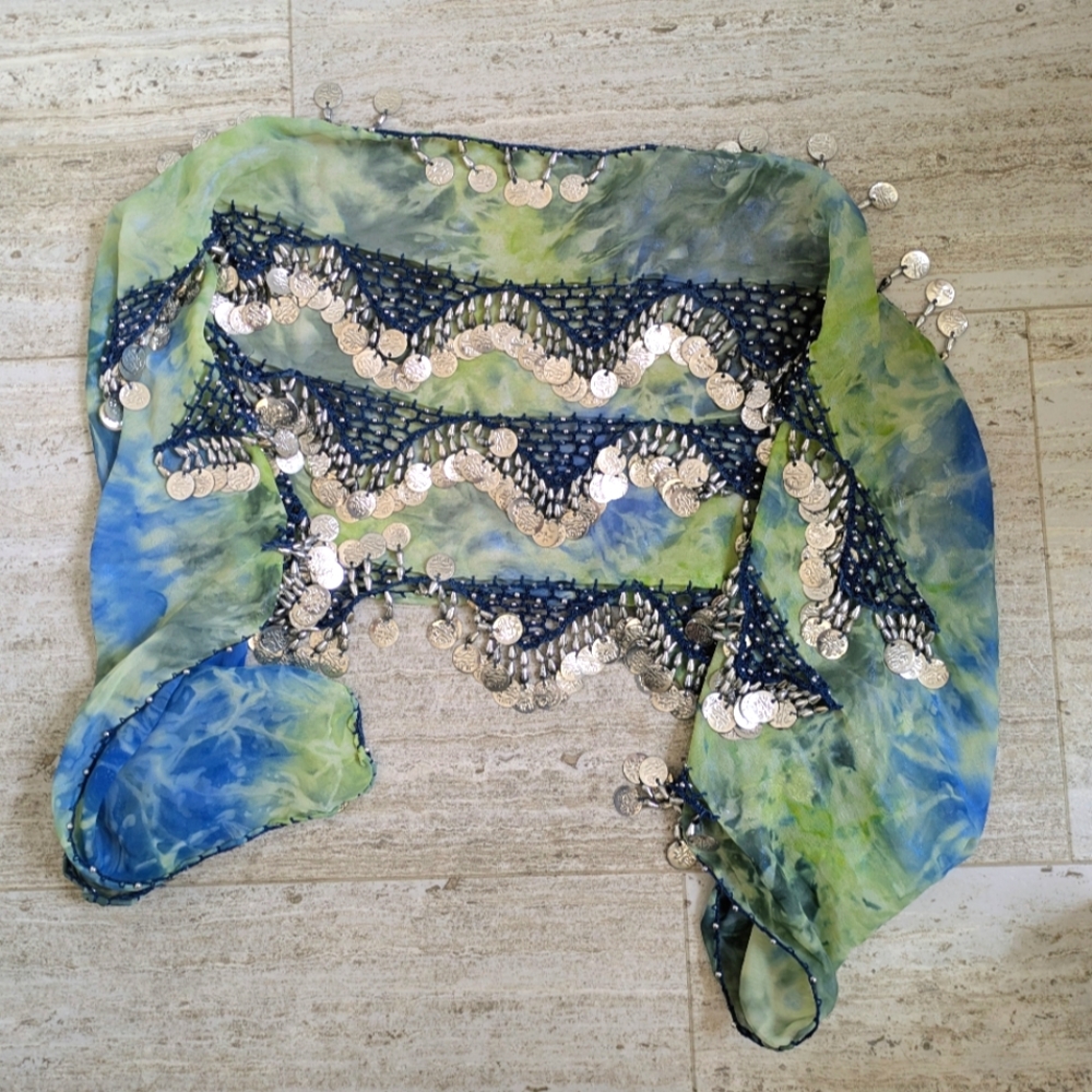Blue and Green Belly Dance Hip Scarf with Silver Accents